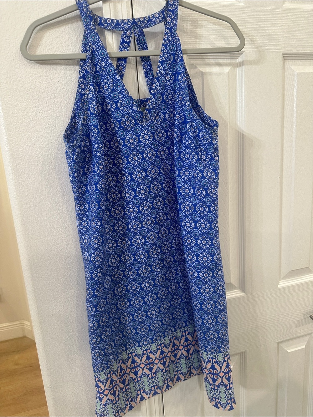 Blue Printed Halter Mini Dress with Border Trim